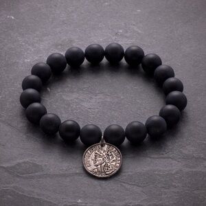 Stainless Steel Coin & 10mm Black Agate Bead Stretch Bracelet